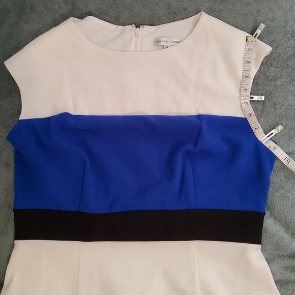 SANDRA DARREN STRETCH MULTI COLOR SHEATH DRESS EXTENDED SHOULDER BOATNECK SZ 12 - Picture 4 of 8